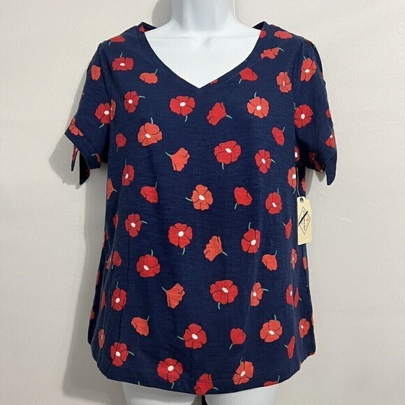 St John's Bay Navy Floral Blouse M Cold Shoulder , ￼ Shoulder Ties￼ Short Sleeve - Picture 1 of 10